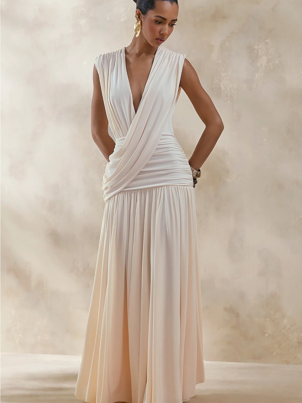 Club L London Cream Draped Plunge Maxi Dress Ruched Goddess Gown Size 6, 10
